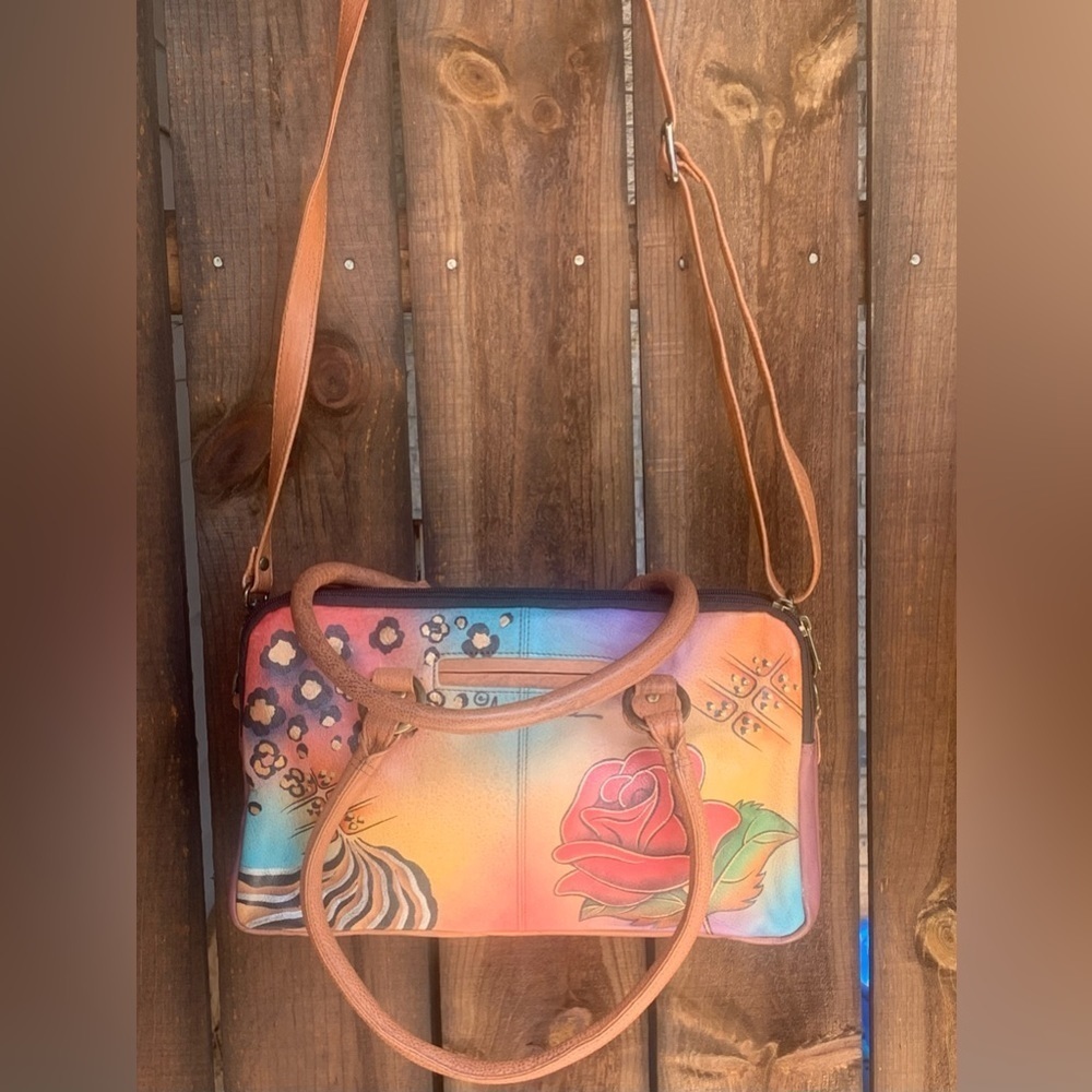 ANUSCHKA Women's Hand Painted Leather Rose Safari Satchel Bag w/ Shoulder Strap - Picture 2 of 11